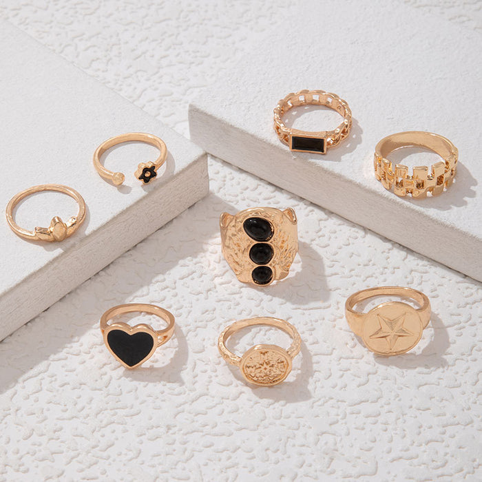 Dark Vintage Metal Love Heart Oil Drop Eight-Piece Ring Set