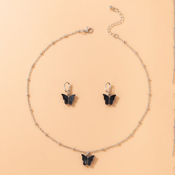 White Butterfly Pendant Necklace and Earring Set - Simple Acrylic Japanese Style