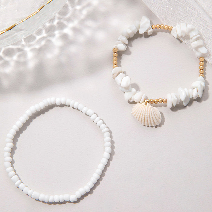 White Stone Shell Beaded Anklet Set - Boho Beach Style Foot Jewelry