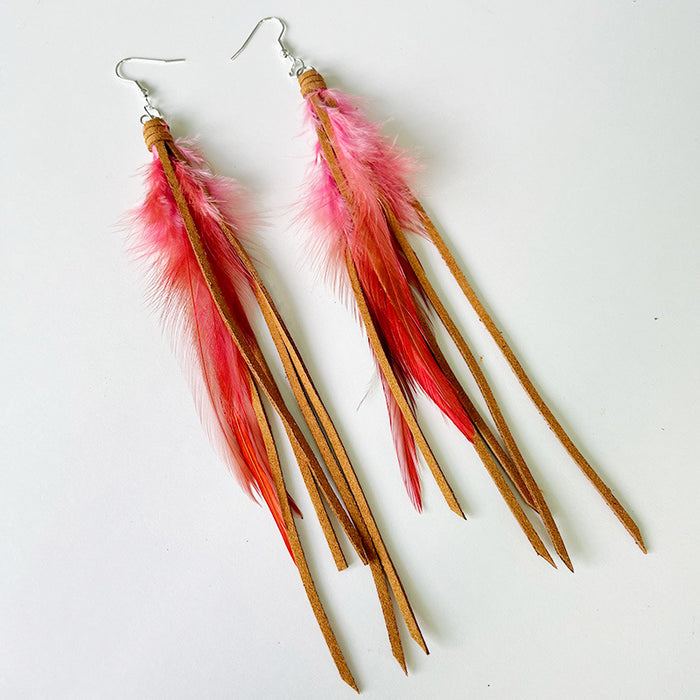 Bohemian Leather Tassel Earrings with Natural Feather Design