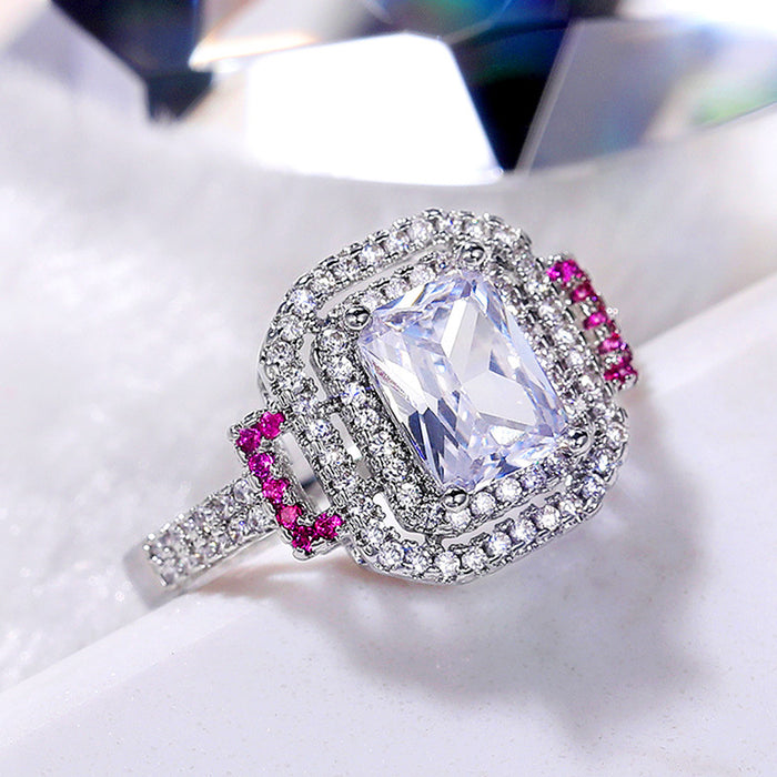 Pink diamond square princess ring European and American fashion engagement proposal