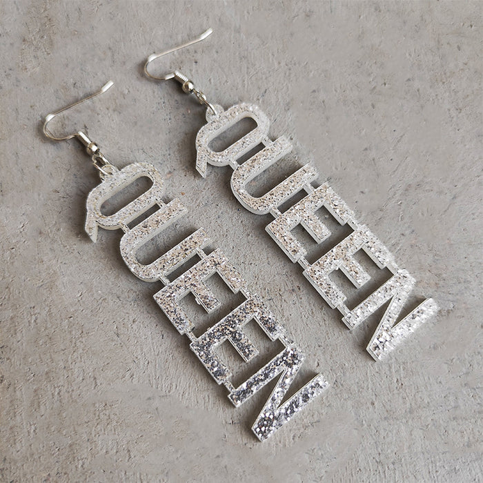 Queen Party Letter Earrings with Glitter and Trendy Style