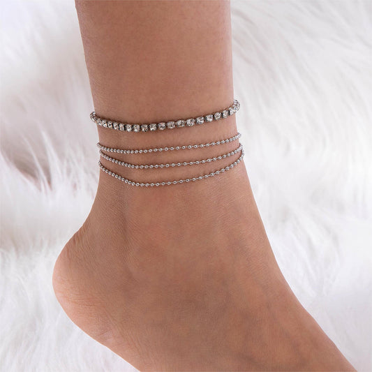 Trendy Love Heart Anklet Set – Multi-Layered Chains with Rhinestone Accents