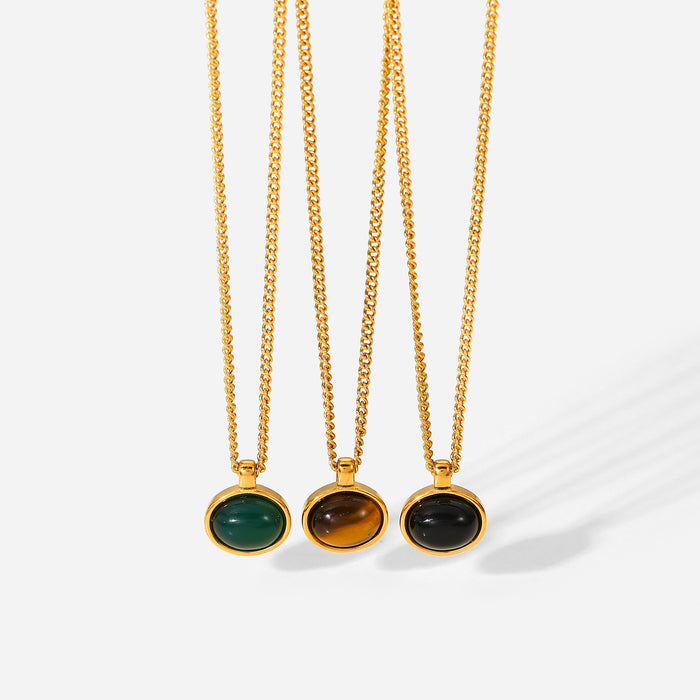 Vintage Oval Natural Stone Pendant Necklace - 18K Gold-Plated Stainless Steel Chain for a Timeless Look