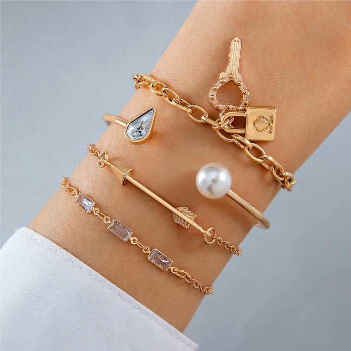 Pearl Cuff Bracelet Set with Arrow, Key, and Lock Charms - Four-Piece Jewelry Set