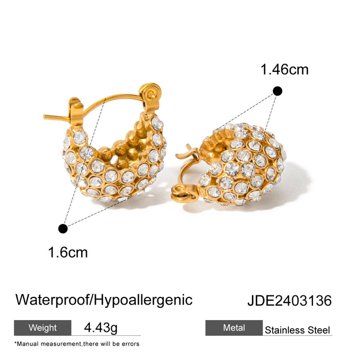 18K Gold Plated Stainless Steel Hollow Basket Zircon Earrings - High-End Design with Pearl Accent