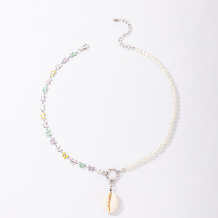 Asymmetric Pearl Colorful Flower Shell Pendant Single Layer Necklace with Ins Trend Design