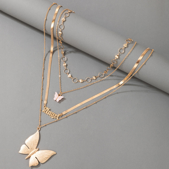 Geometric Round Ring Clavicle Chain with Pink Butterfly Pendant and Angel Letter Four-Layer Necklace