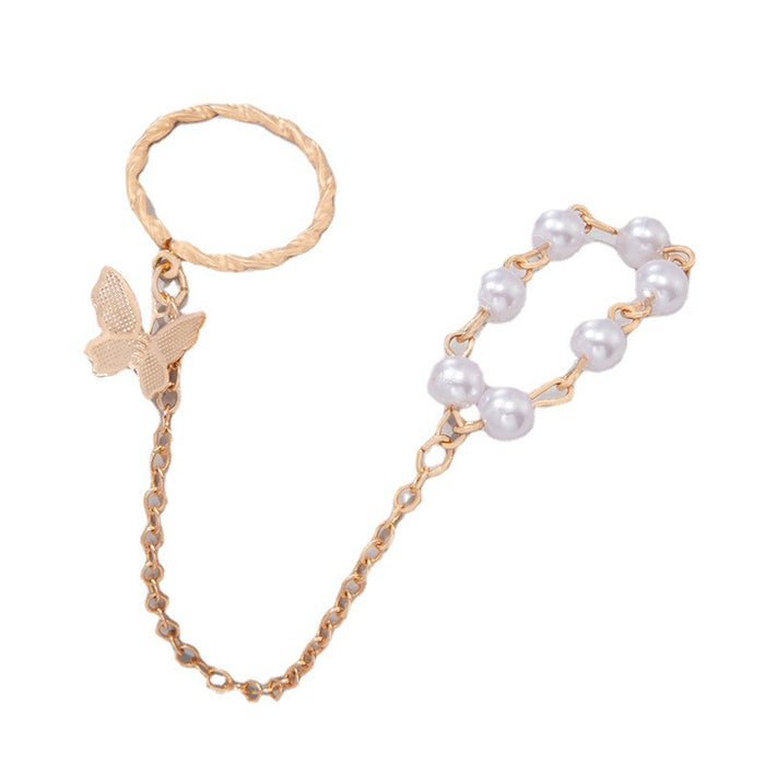 Personalized imitation pearl chain butterfly ring four-piece set