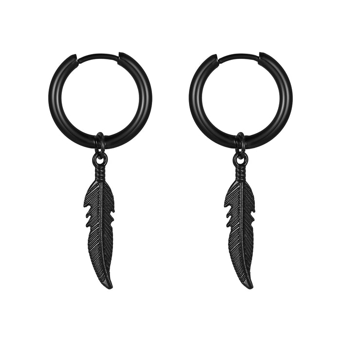 Punk feather pendant titanium steel earrings men's black earrings