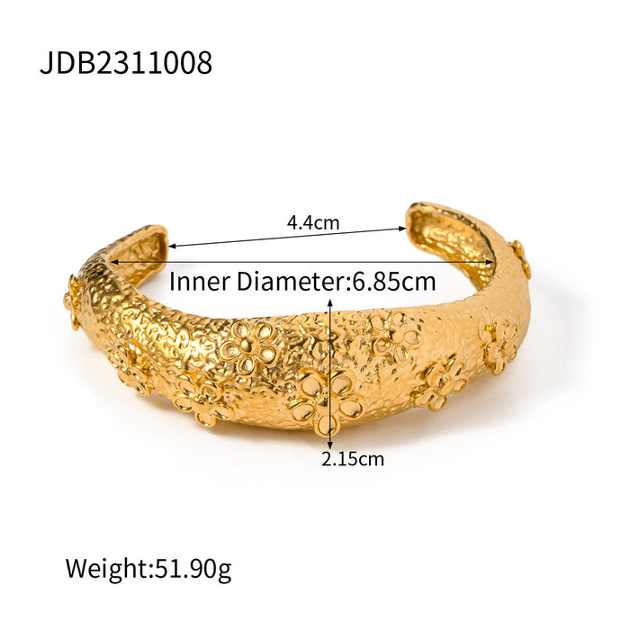 European Fashion 18K Gold Plated Stainless Steel Hammered Floral Open Bracelet - Elegant Jewelry for Women