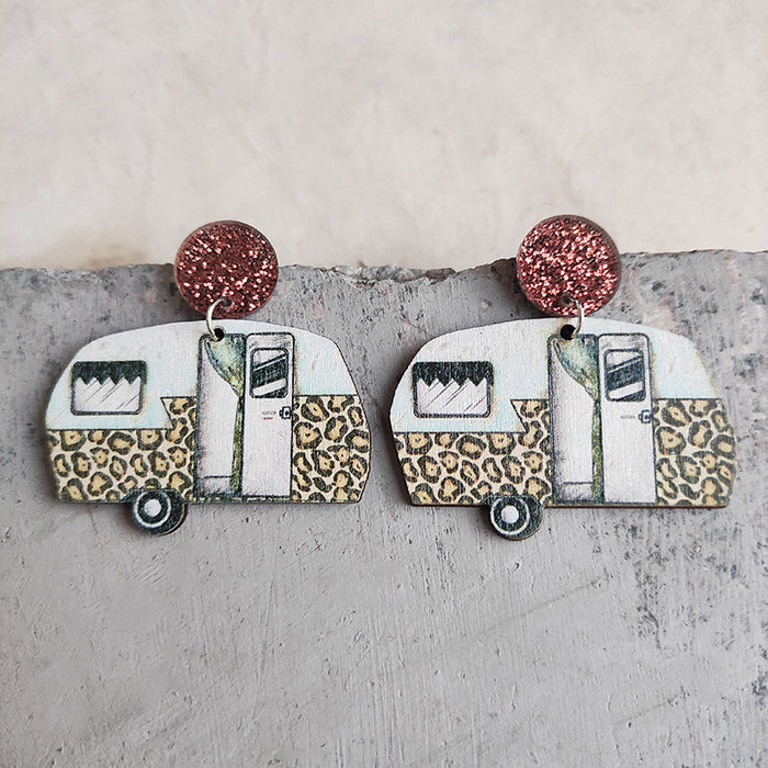 Wooden patriotic school bus earrings