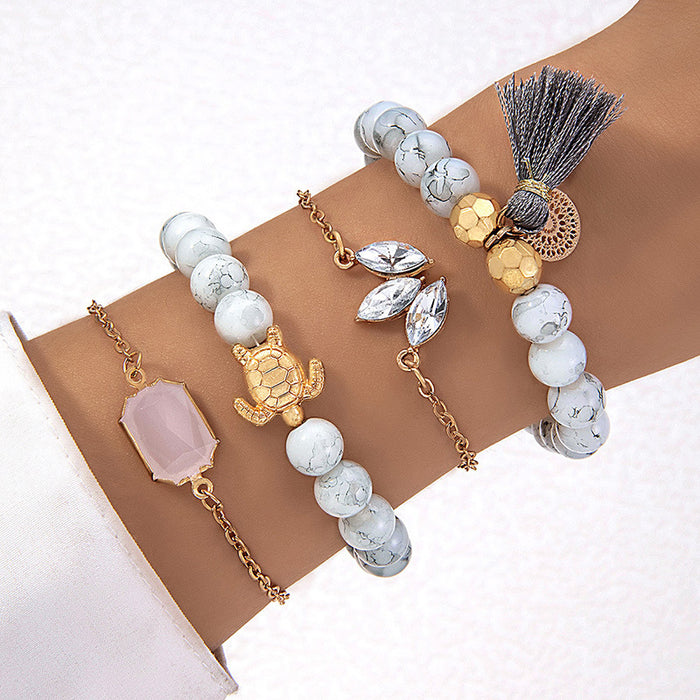 Simple Geometric Open Cuff Bracelet Set - Four-Piece Flower and Stone Jewelry