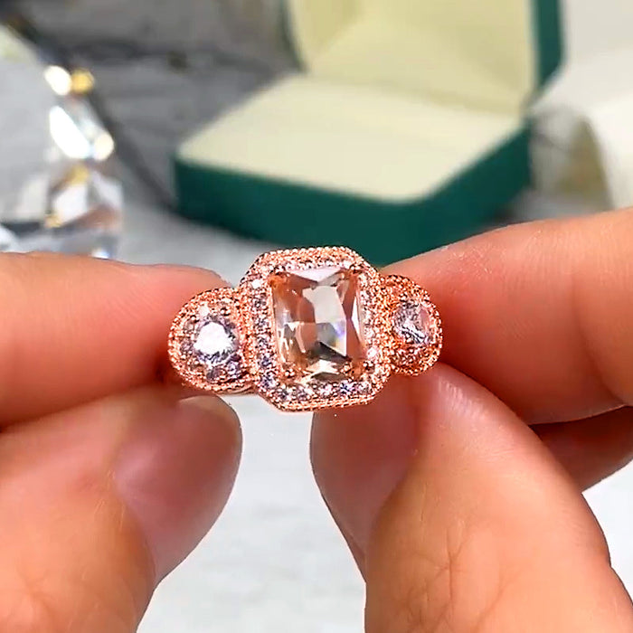 Anillo de princesa con circonita y diamante cuadrado chapado en oro rosa, joyería para eventos empresariales femeninos