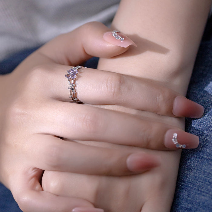 Wholesale purple-pink zircon four-leaf clover flower rings