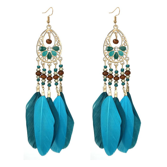 Ethnic style feather long earrings gold leaf round bead earrings