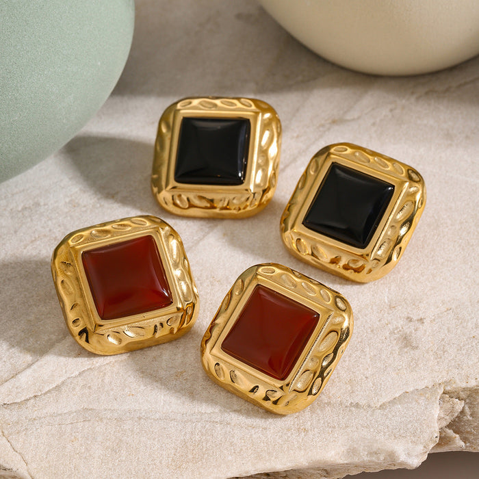 European Vintage Hammered Square Earrings - 18K Gold-Plated Stainless Steel Red Agate Jewelry for Women