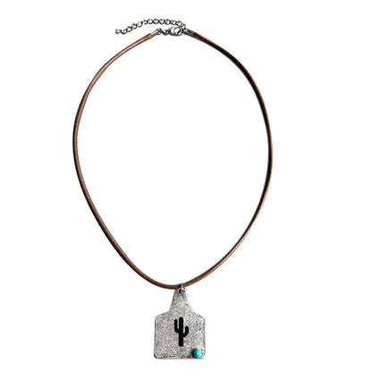 Western Cowboy Necklace with Vintage Cactus, Bull Head, Horseshoe, and Turquoise on Leather