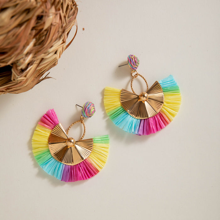 Bohemian fan-shaped tassel earrings woven raffia holiday earrings