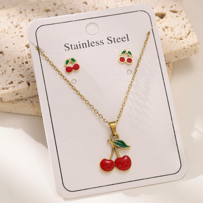 Conjunto de aretes de cadena de clavícula con colgante de cereza de oro de 18 quilates de acero inoxidable al por mayor