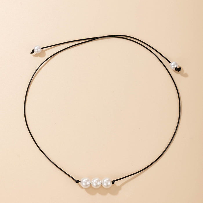 Faux Pearl Black Leather Cord Necklace – Minimalist Three-Pearl Pendant