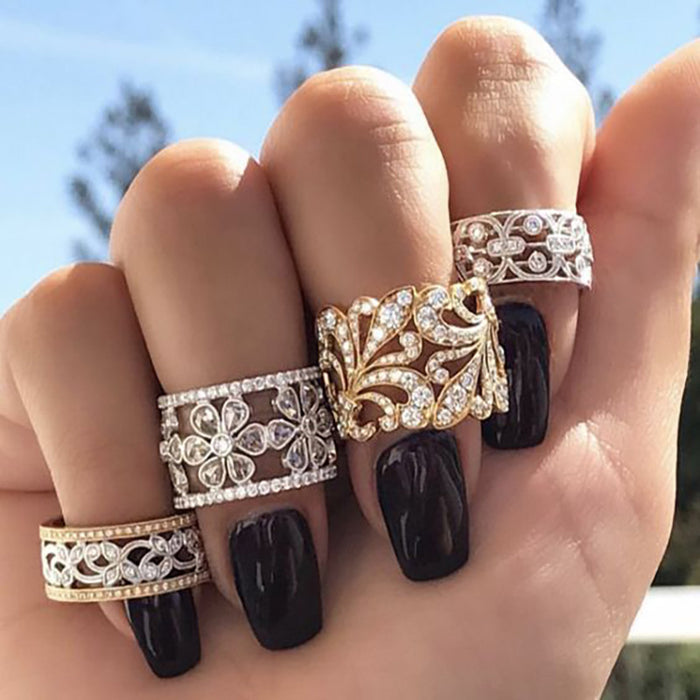 Anillo de dedo índice estilo palacio hueco con forma de copo de nieve floral pequeño y fresco