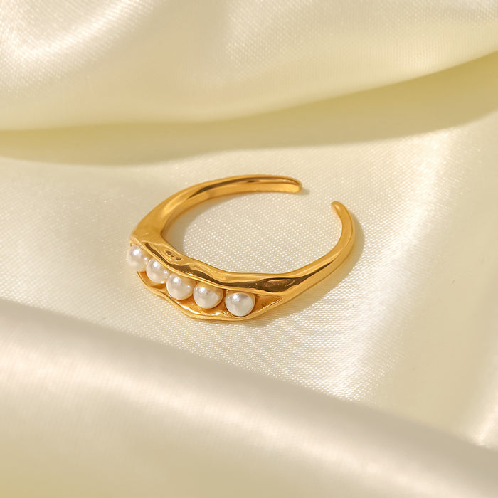 18K Gold Stainless Steel Hammered Texture Ring with Pearl Inlay