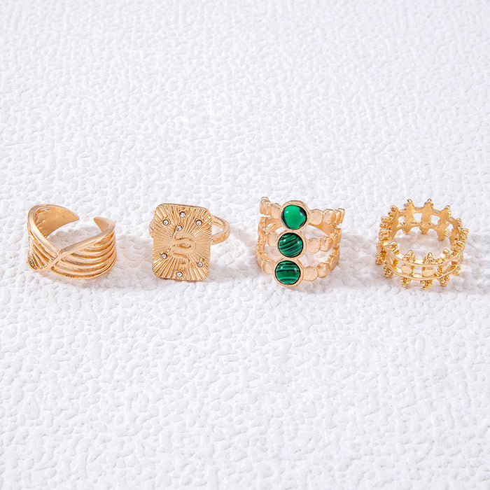 Punk Style Green Gemstone Snake Ring Set - 4pcs Geometric Exaggerated Rings