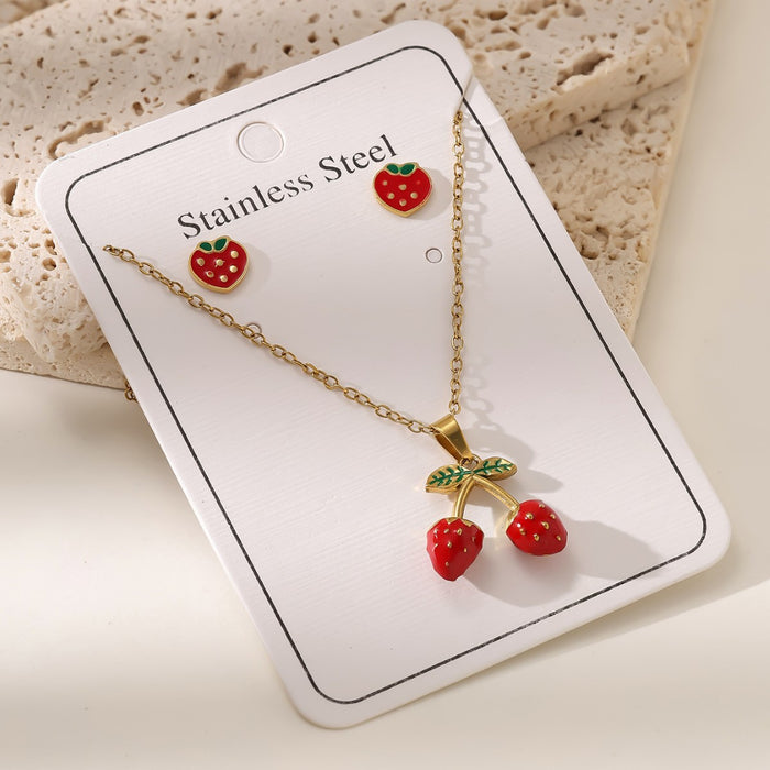 Conjunto de aretes de cadena de clavícula con colgante de cereza de oro de 18 quilates de acero inoxidable al por mayor