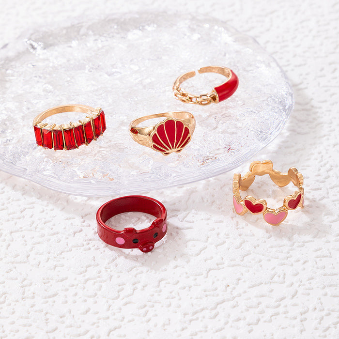 Love piggy dripping oil scallop ring set, geometric red imitation gem five-piece set