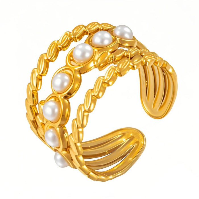 Wholesale stainless steel pearl-set geometric oval openwork ring