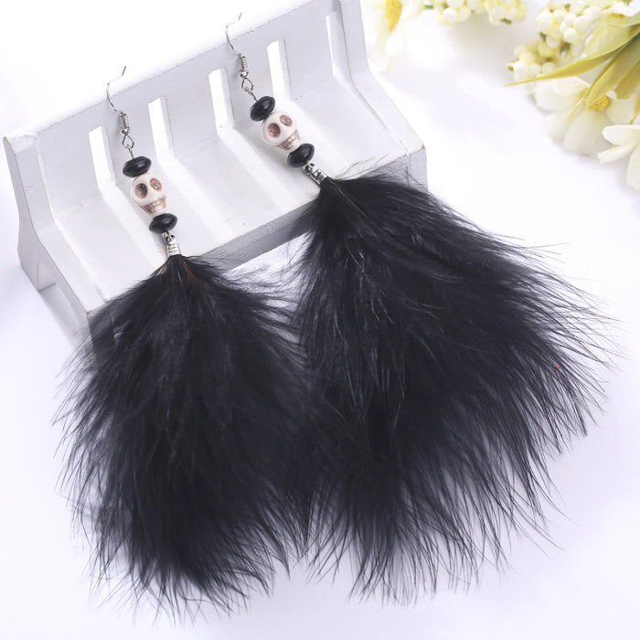 Halloween Skull Feather Earrings with Gothic Black and Red Design