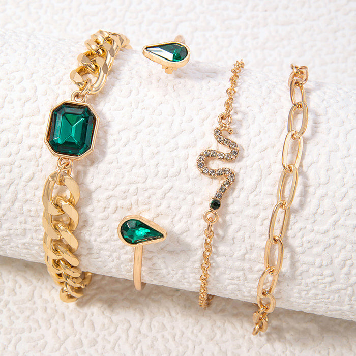 Green Rhinestone Gemstone Bracelet Set - Four-Piece Luxurious Women’s Jewelry