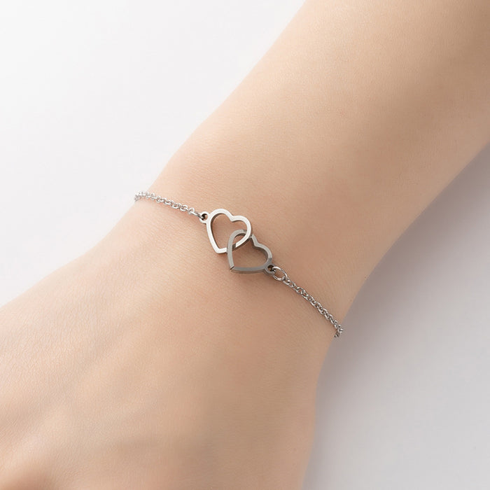 Pulsera geométrica de doble corazón de melocotón, joyería de moda de lujo ligera japonesa y coreana al por mayor