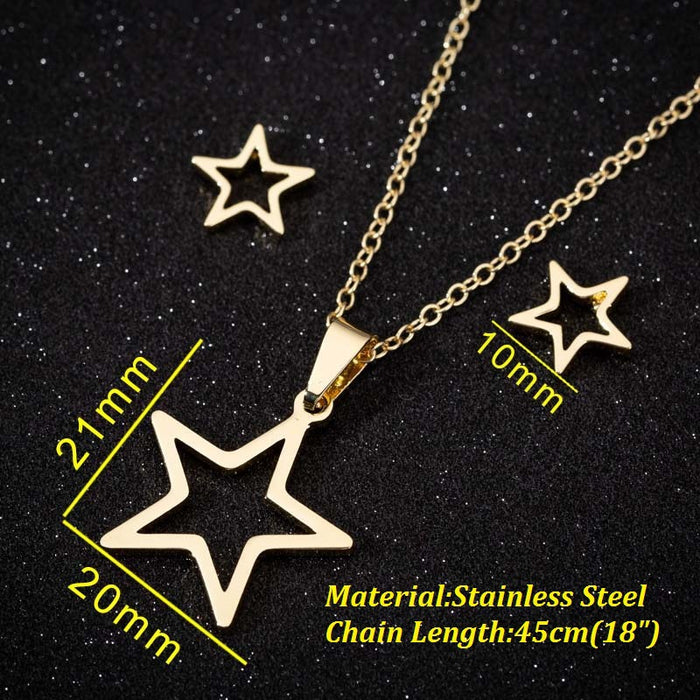 Collar con colgante de estrella de cinco puntas, conjunto de pendientes de cadena de clavícula con estrella hueca de acero inoxidable fresco de estilo japonés