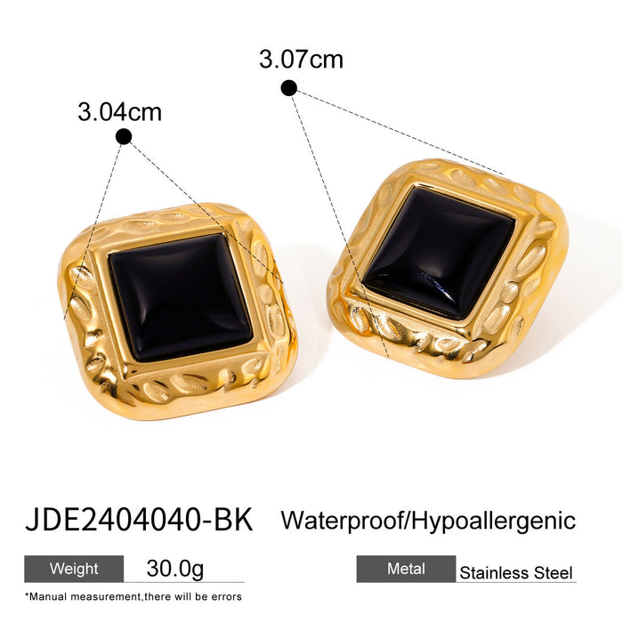 European Vintage Hammered Square Earrings - 18K Gold-Plated Stainless Steel Red Agate Jewelry for Women