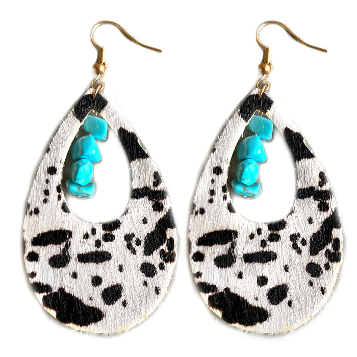 Bohemian Leopard Print Leather Earrings with Turquoise and Ethnic Style