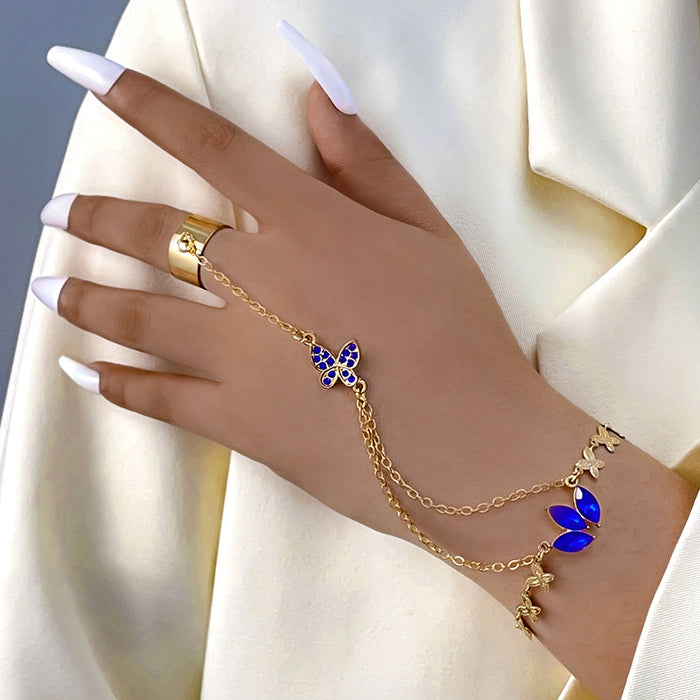 Elegant Sapphire Rhinestone Clover Butterfly Finger Bracelet - Versatile Hand Jewelry