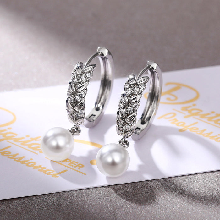 White gold plated zircon wheat imitation pearl shell bead earrings for women