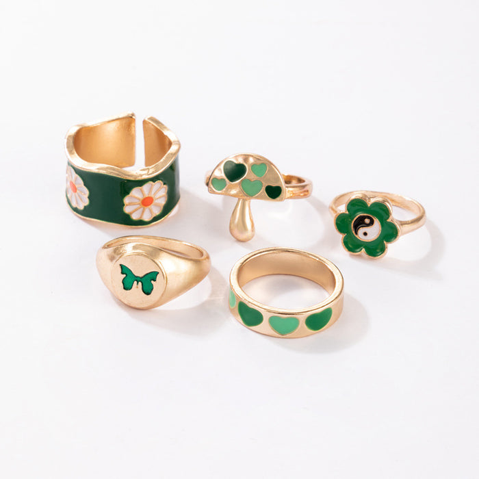 Colorful love flower pastoral style five-piece ring set