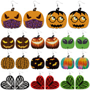 Creative Halloween PU Leather Earrings with Pumpkin and Bat Design - wallojewerly 