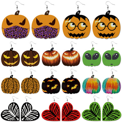 Creative Halloween PU Leather Earrings with Pumpkin and Bat Design