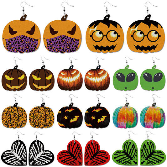 Pendientes creativos de cuero sintético para Halloween con diseño de calabaza y murciélago