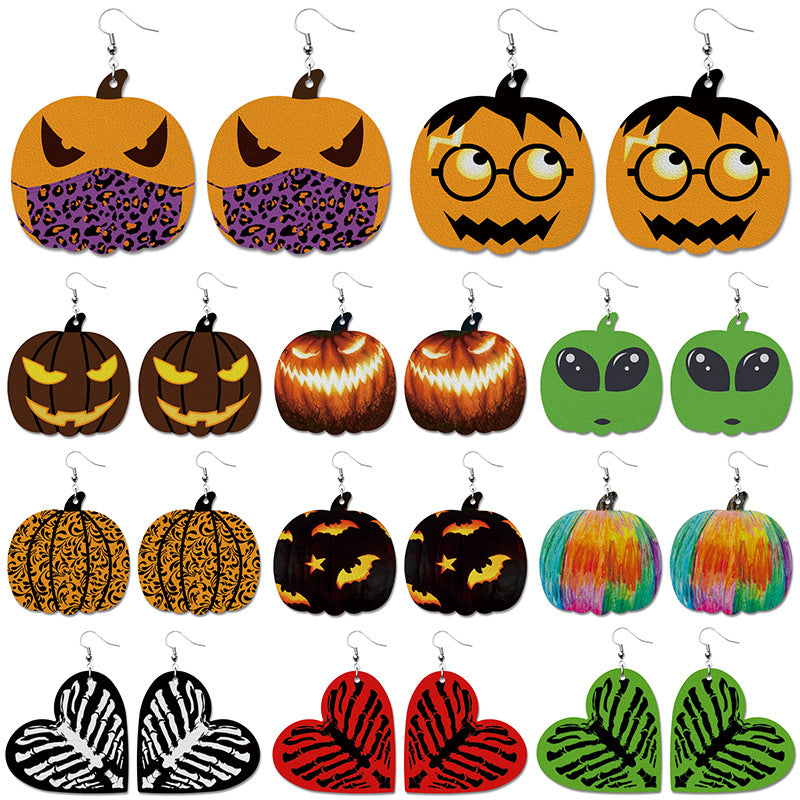 Creative Halloween PU Leather Earrings with Pumpkin and Bat Design - wallojewerly 