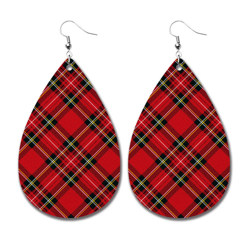 Christmas PU Leather Earrings with Plaid, Reindeer, and Santa Teardrop Design