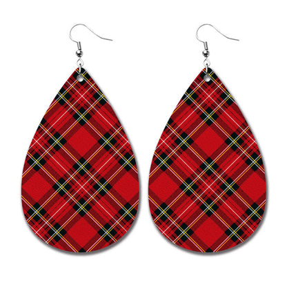 Christmas PU Leather Earrings with Plaid, Reindeer, and Santa Teardrop Design