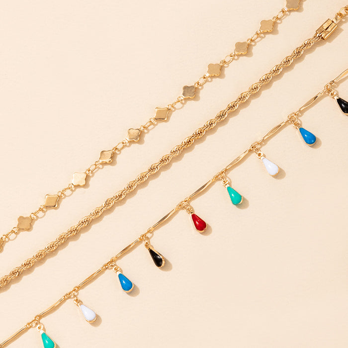 Bohemian Water Drop Anklet with Simple Chain Enamel Macaron Color Three-Piece Set