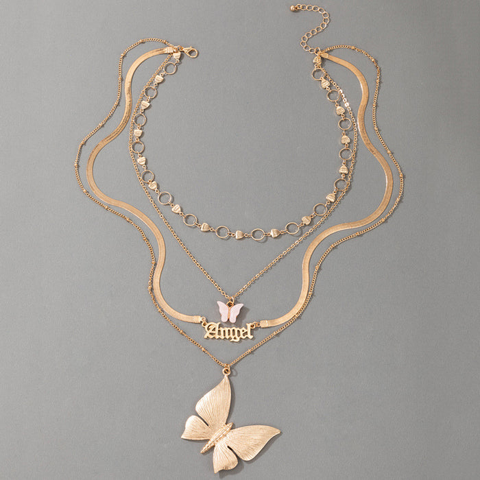 Geometric Round Ring Clavicle Chain with Pink Butterfly Pendant and Angel Letter Four-Layer Necklace