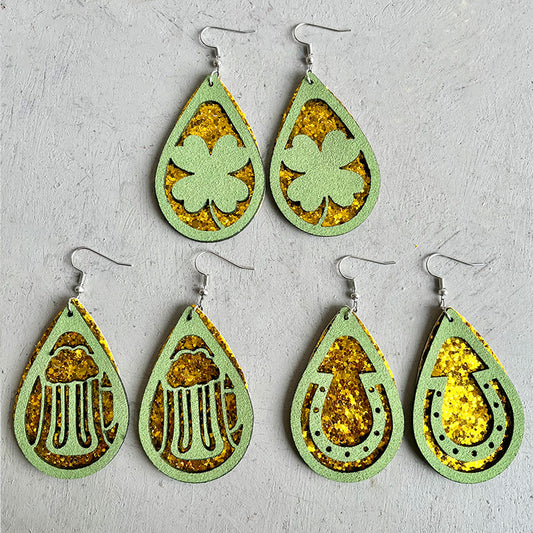 Shiny Teardrop Earrings with Hollow Beer and Clover Designs for St. Patrick's Day