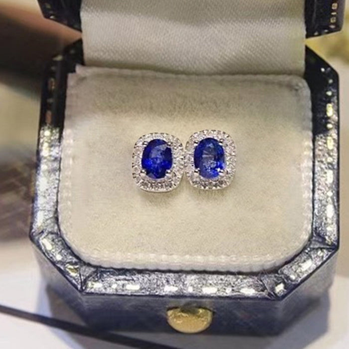 French elegant oval royal blue zircon earrings